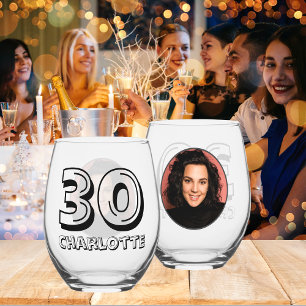 Verre À Vin Sans Pied Joyeux 30e anniversaire Photo et nom de la fête