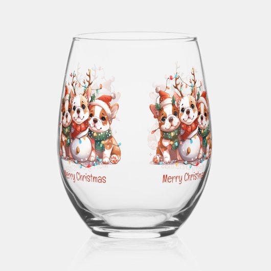 Verre À Vin Sans Pied Joyeux Noël anglais Bulldog Reindeer Père Noël (Droite)