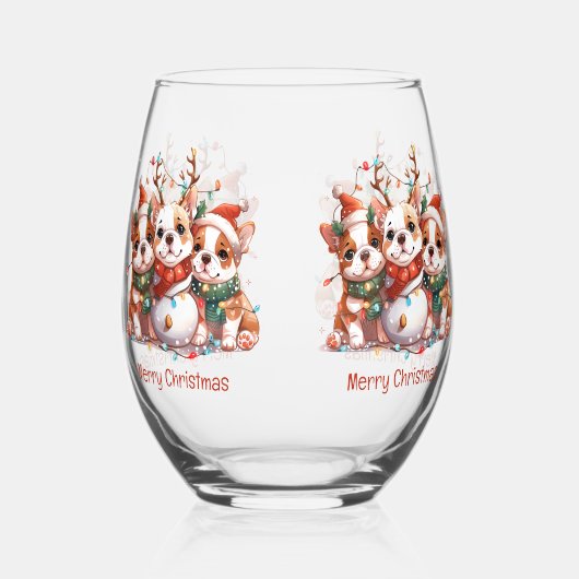 Verre À Vin Sans Pied Joyeux Noël anglais Bulldog Reindeer Père Noël (Gauche)