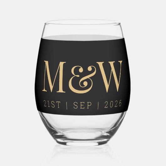 Verre À Vin Sans Pied Le Mariage noir d'or moderne de Monogram Couple (Recto)