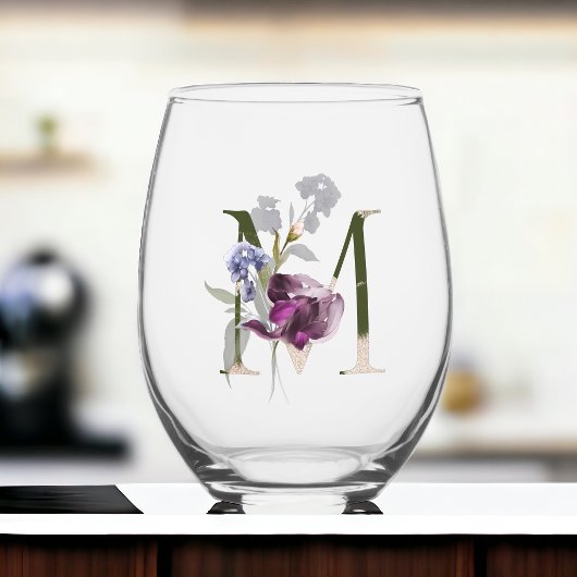 Verre À Vin Sans Pied LETTRE INITIALE M FÉININE MONOGRAPHIQUE Floral