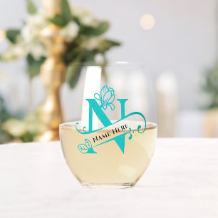 Verre À Vin Sans Pied Lettre monogramme florale N Ajouter un nom Changer