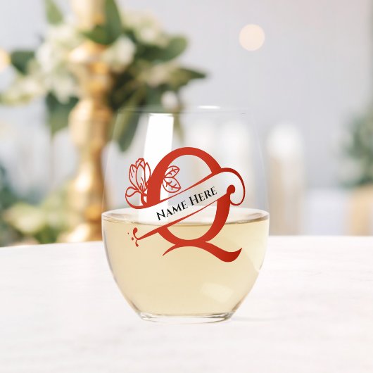 Verre À Vin Sans Pied Lettre monogramme florale Q Ajouter un nom Changer (Insitu (Mariage))