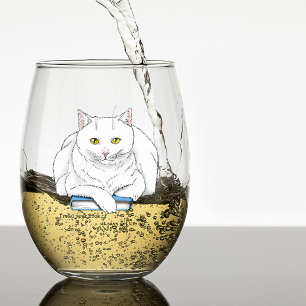 Verre À Vin Sans Pied Livre de chat blanc drôle lisant humour violet