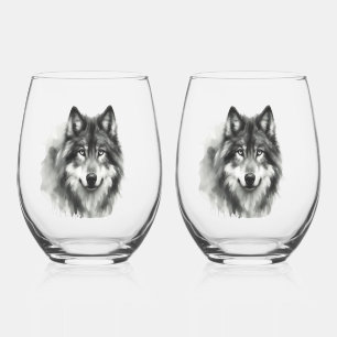 Verre À Vin Sans Pied Loup gris majestueux étonnant Aquarelle Faune