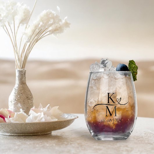 Verre À Vin Sans Pied Love Calligraphy Initiales Coeur Noir B&W ID940