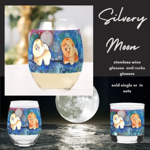 Verre À Vin Sans Pied LUNE D'ARGENT Chow chien aquarelle Rochers ou