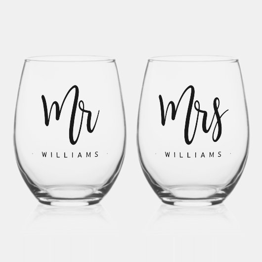 Verre À Vin Sans Pied M. et Mme nom mariage de script de calligraphie (Recto)