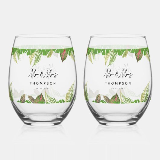 Verre À Vin Sans Pied M. & Mme Tropical Feuille Script Mariage Cadeau (Verso)