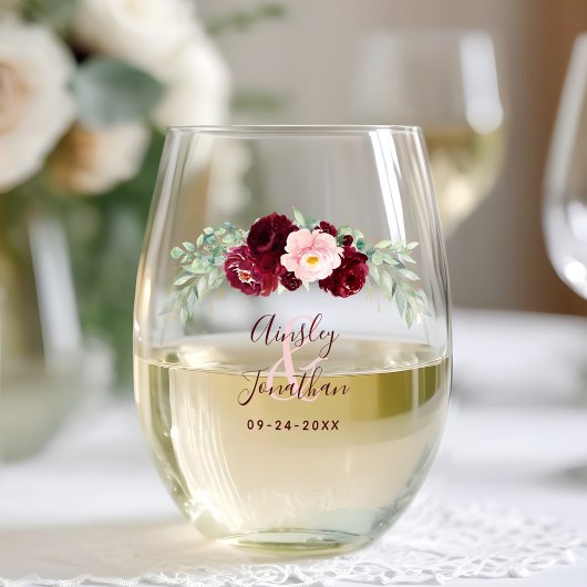 Verre À Vin Sans Pied Mariage de monogramme d'esperie florale de Bourgog