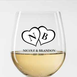 Verre À Vin Sans Pied Mariage de monogramme du coeur blanc et noir