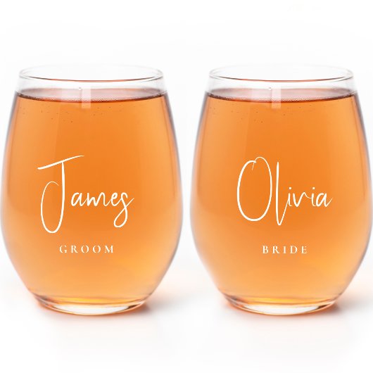 Verre À Vin Sans Pied Mariage de script blanc Chic Bride Groom