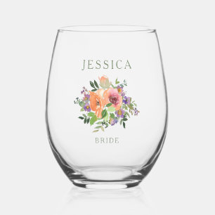Verre À Vin Sans Pied Mariée personnalisée Nom Aquarelle Floral Orange
