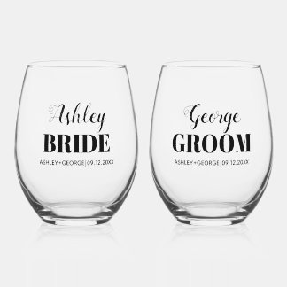 Verre À Vin Sans Pied Mariées et mariés noms typographie noire mariage