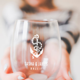 Verre À Vin Sans Pied Marine & White Corde nautique & mariage d'Ancres F