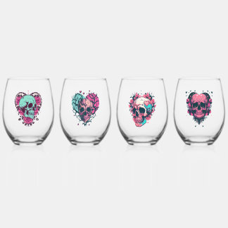 Verre À Vin Sans Pied Mélange des crânes de coeur de fleurs rétro