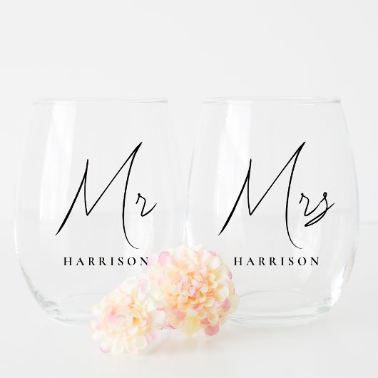 Verre À Vin Sans Pied Minimal Moderne M. Mme Script Newlyweds