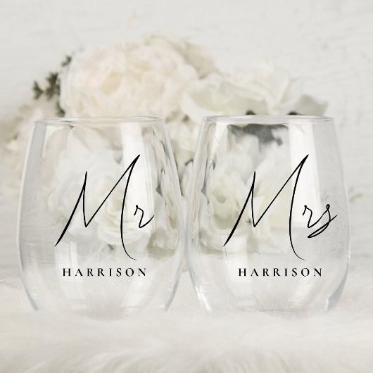 Verre À Vin Sans Pied Minimal Moderne M. Mme Script Newlyweds