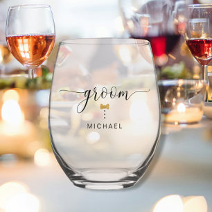 Verre À Vin Sans Pied Modern Chic Script Groom Gold Bow Cravate Nom Mari