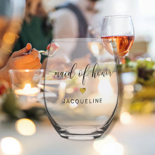 Verre À Vin Sans Pied Moderne Chic Maid of Honor Script Gold Heart Nom