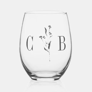 Verre À Vin Sans Pied Monogramme blanc botanique simple Mariage initial