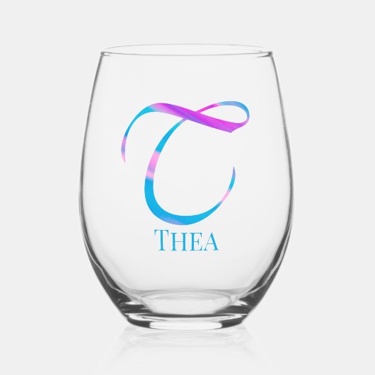 Verre À Vin Sans Pied Monogramme customisé "T" Nom Printemps Abstrait Bl (Recto)