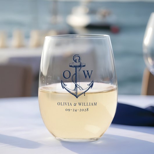 Verre À Vin Sans Pied Monogramme d'Ancre Mariage nautique