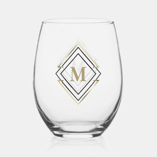 Verre À Vin Sans Pied Monogramme de cadre diamant géométrique Noir/Or ID