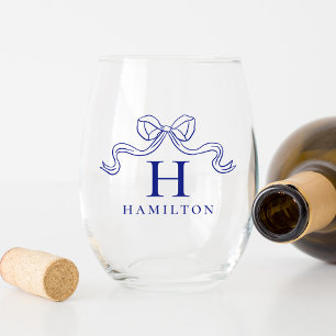 Verre À Vin Sans Pied Monogramme de mariage à ruban bleu d'élégance vint