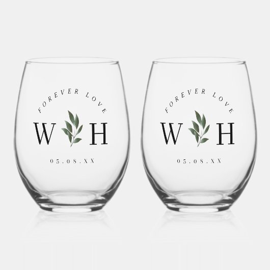 Verre À Vin Sans Pied Monogramme de mariage personnalisé avec tige flora (Recto)