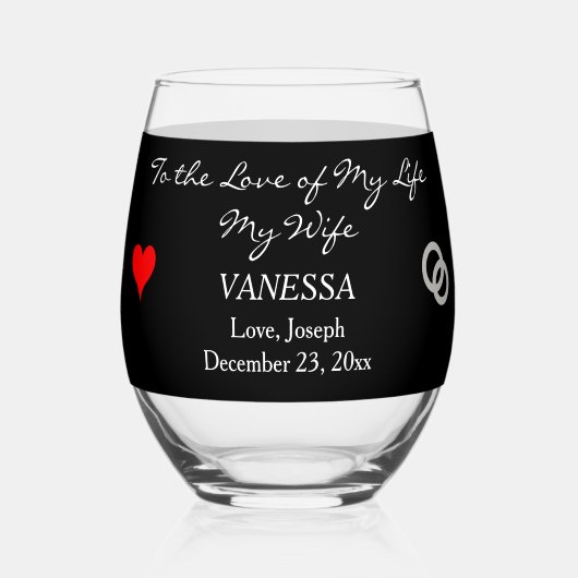 Verre À Vin Sans Pied Monogramme de mariée Coeur rouge noir (Recto)