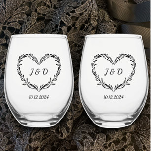 Verre À Vin Sans Pied Monogramme des initiales du Mariage personnalisé