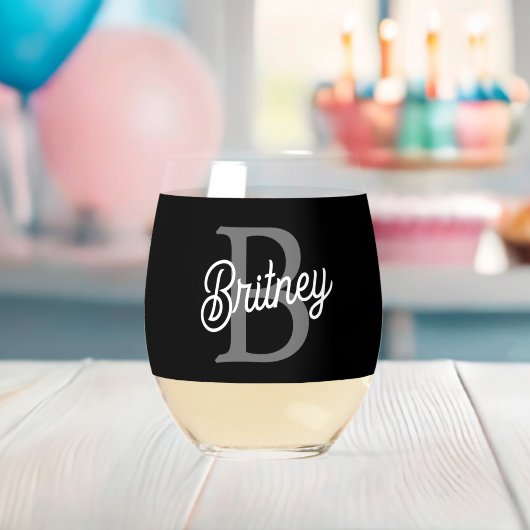 Verre À Vin Sans Pied Monogramme moderne élégant Nom noir Gris noir Scri (Insitu (Baby Shower))