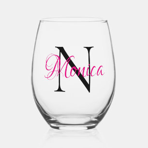 Verre À Vin Sans Pied Monogramme noir et rose chaud personnalisé