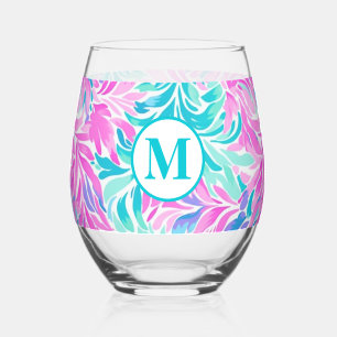 Verre À Vin Sans Pied Monogramme personnalisé floral sarcelle rose