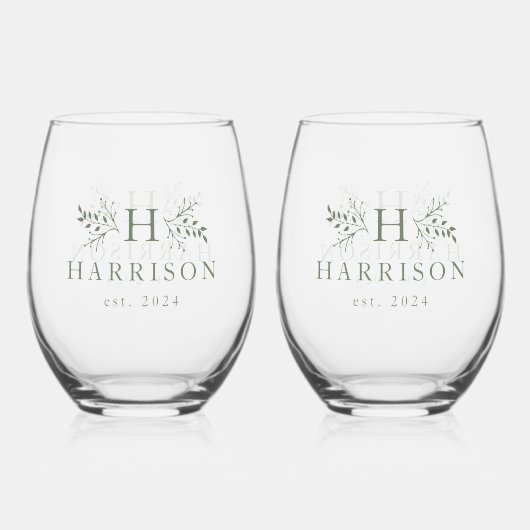 Verre À Vin Sans Pied Monogramme rustique simple nom initial sauge vert (Recto)