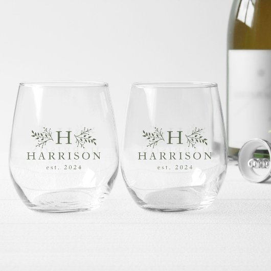 Verre À Vin Sans Pied Monogramme rustique simple nom initial sauge vert