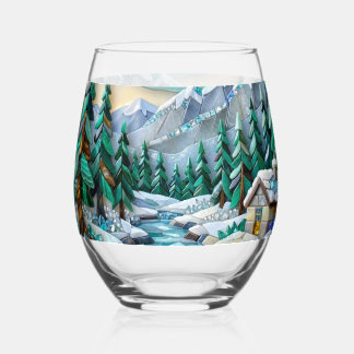 Verre À Vin Sans Pied Mosaïque de gemmes de scène de cabine hivernale en