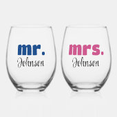 Verre À Vin Sans Pied Mr & Mrs Mariage personnalisé Chic Script (Recto)