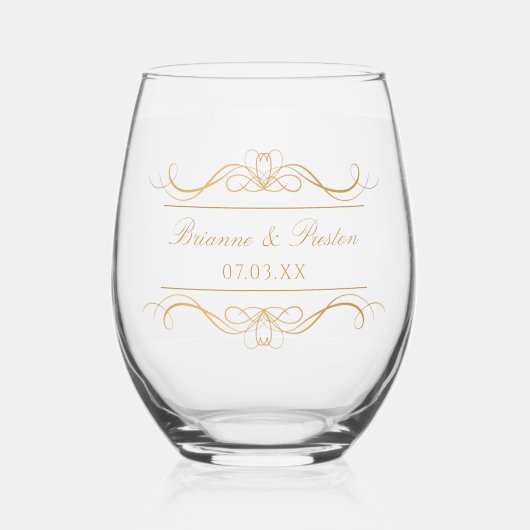 Verre À Vin Sans Pied Name & Date Modern Elegant Gold Swirl Wedding (Recto)
