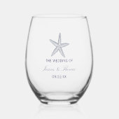 Verre À Vin Sans Pied Nautique Marine Blue Starfish Beach Mariage (Recto)