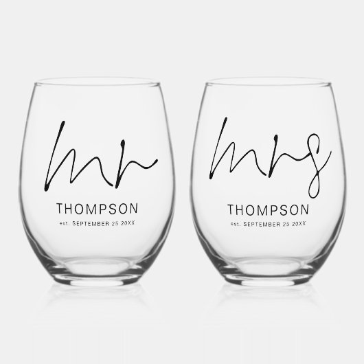 Verre À Vin Sans Pied Newlyweds M. Mme Nom Date Mariage (Recto)