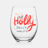 Verre À Vin Sans Pied Noël Holly Jolly Fun Winter Nom personnalisé (Verso)