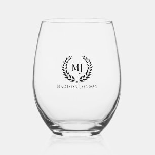 Verre À Vin Sans Pied Noir Laurel Wreath Monogramme Noir Et Nom