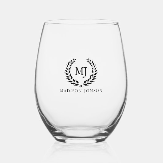 Verre À Vin Sans Pied Noir Laurel Wreath Monogramme Noir Et Nom (Recto)