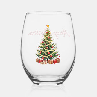 Verre À Vin Sans Pied Nom, Arbre Décoré Charmant, Joyeux Noël