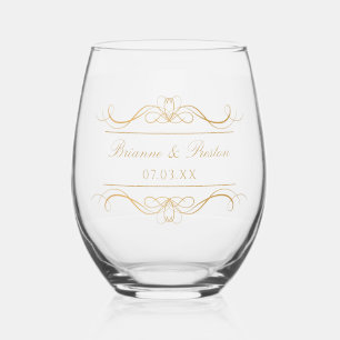 Verre À Vin Sans Pied Nom & Date Élégant Moderne Mariage Tourbillon Or