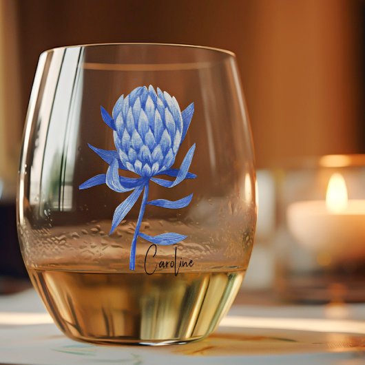 Verre À Vin Sans Pied Nom élégant subtil sur Fleur de Protea Cobalt
