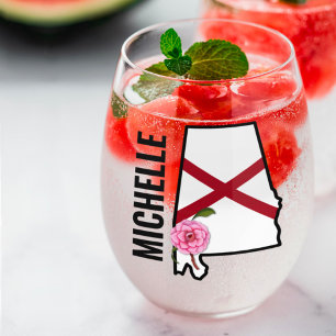 Verre À Vin Sans Pied Nom personnalisé Alabama Drapeau et Fleur d'État C