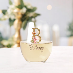 Verre À Vin Sans Pied Nom personnalisé Blush Rose Gold Foncé Lettre B